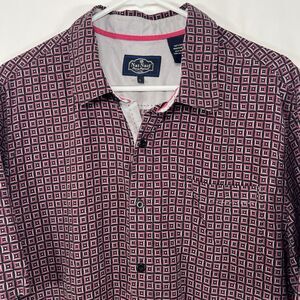 Nat Nast Short Sleeve Button Up 100% Silk Shirt Mens Large Red Geometric Camp